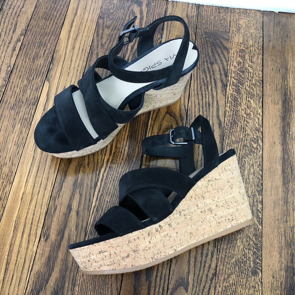 Via Spiga Suede Cork Wedge Strappy Sandals Black
